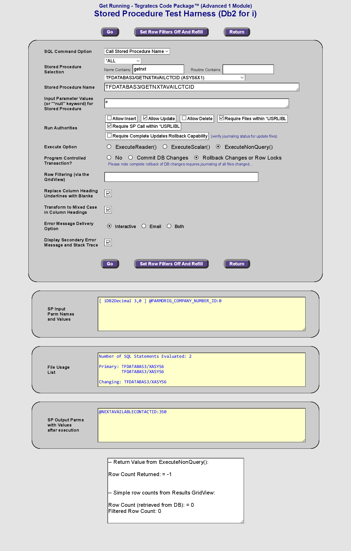 Stored Procedure Test Harness (Db2 for i) example showing testing of stored procedure without result set output